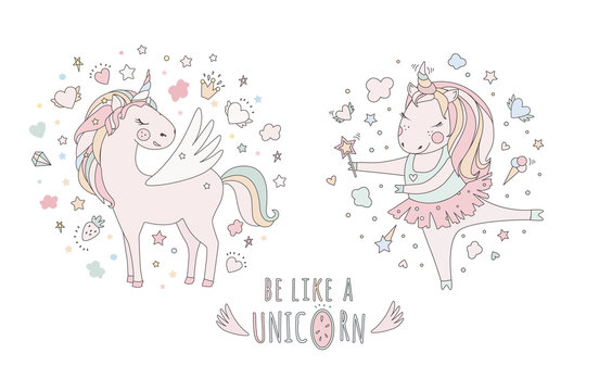 Unicorn vector sweet cute illustration. Magic fantasy design. Cartoon rainbow animal isolated horse. Fairytale unicorn print poster.