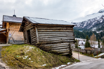 Beautiful view at the alpine village Corvara ski resort in Dolomites mountains, Alps region, Italy