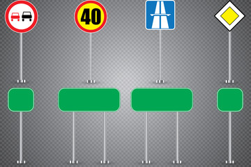 Realistic set of road signs isolated on transparent background. Vector illustration.