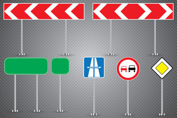Realistic set of road signs isolated on transparent background. Vector illustration.