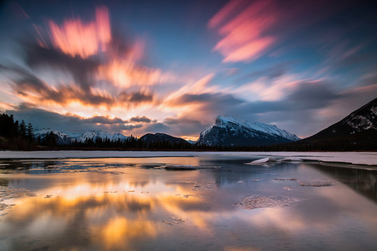 Sunrise at Vermilion lake, Banff National Park, Alberta, Canada. This photo was taken during the transition between winter and snow season.