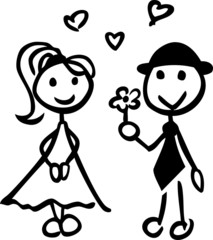 Stick man giving a flower to a woman