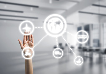 Modern office interior and close of businesswoman hand choosing 