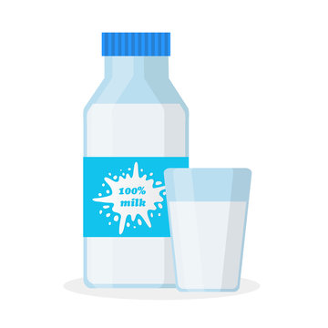 Bottle and glass of 100% milk in flat cartoon style, stock vector illustration
