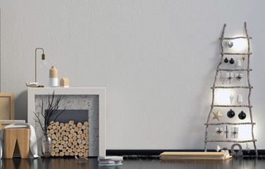 Modern minimalistic Christmas interior, Scandinavian style. 3D illustration. wall mock up