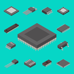 Microchip computer vector isometric chip technology processor circuit electronic board motherboard information system illustration.