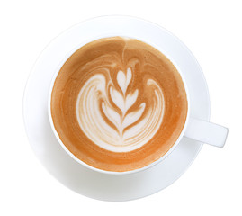 Top view of hot coffee cappuccino latte art isolated on white background, clipping path included
