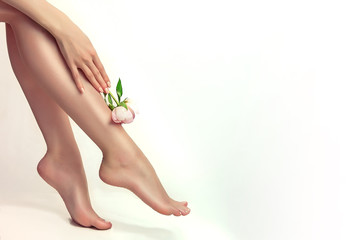 Beautiful well-groomed female legs . Foot care . Depilation of hair on the feet .
 - obrazy, fototapety, plakaty