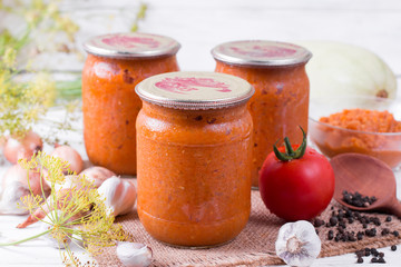 Vegetable caviar in a glass jar