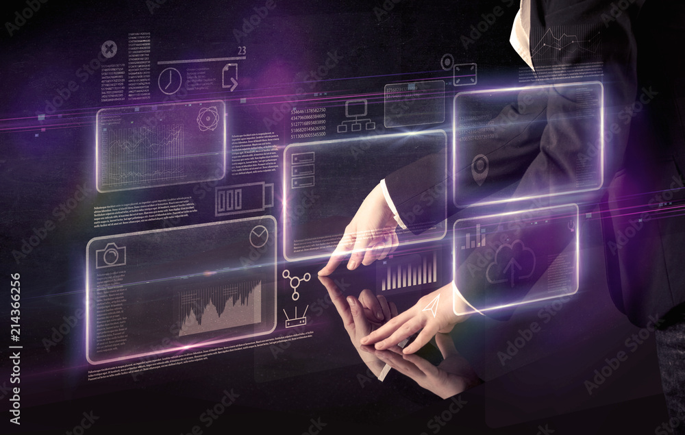 Poster male hands touching interactive table with purple cloudspace graphic on it