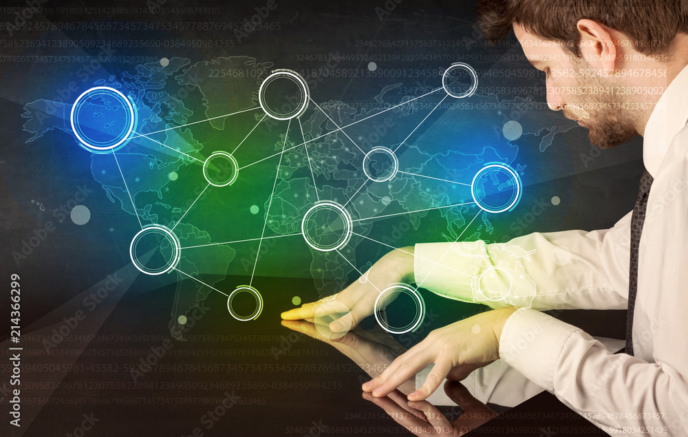 Poster Male hands touching interactive table with colorful world map on it 