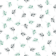 Seamless floral pattern. Black and green branches with leaves on white background. Vector illustration.    