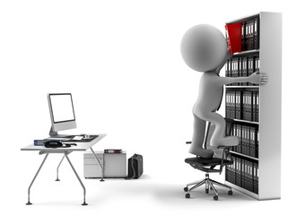 Mitarbeiter steigt auf Bürostuhl um an Akten zu kommen