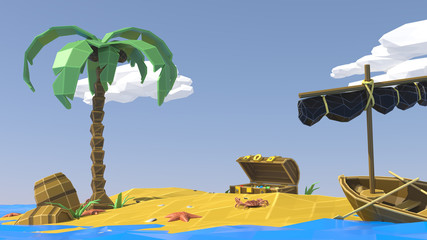Palm, sand, sea and summer. Low poly. Vacation on a deserted tropical island