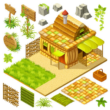 Set 3d isometric building for computer games. Straw cottage with wicker fence and elements for the landscape. Vector cartoon illustration.