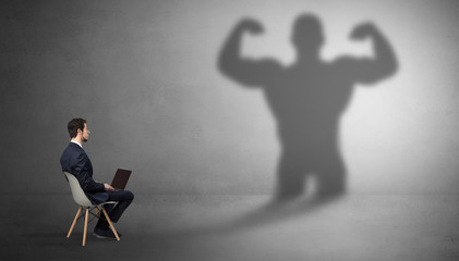 Businessman staying and offering stuffs to a shadow businessman
