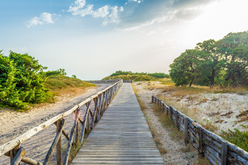 Fototapeta na wymiar wooden footbridge on the beach