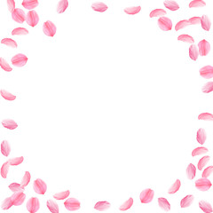 Fototapeta na wymiar Sakura petals falling down. Romantic pink silky medium flowers. Sparse flying cherry petals. Corner frame emotional vector background. 