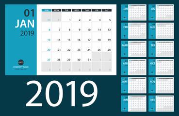 2019 Calendar Planner - vector illustration. Template. Mock up.