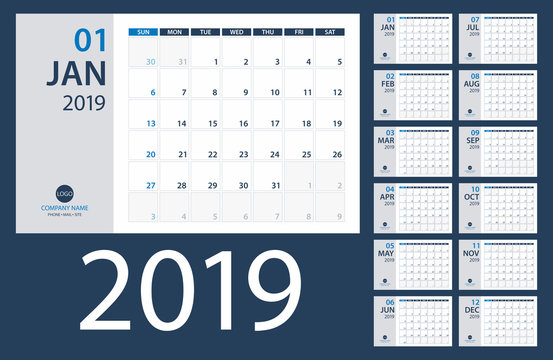 2019 Calendar Planner - vector illustration. Template. Mock up.