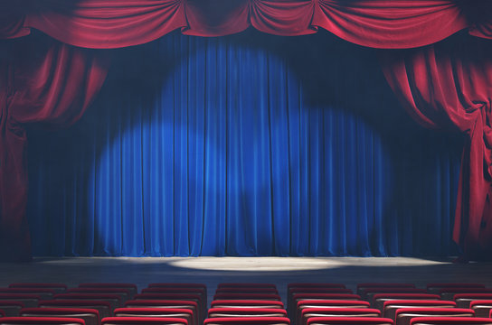 Theater stage with red velvet curtains with spotlights and smoke. 