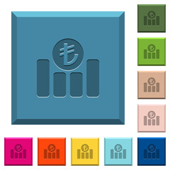 Turkish Lira financial graph engraved icons on edged square buttons