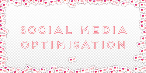 Social media icons. Social media marketing concept. Falling gradient like counter. Wide frame elements on transparent grid background.