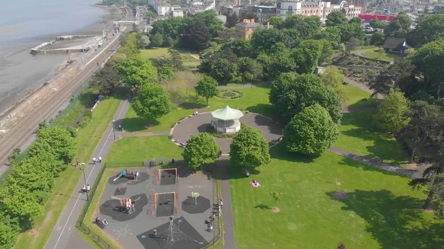 Fly by bandstand and playground at the park, blackrock park, dublin, ireland