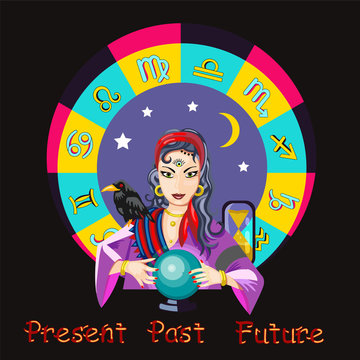 The oracle girl predicts the future on a magic ball vector illustration
