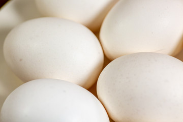 Eggs on a while plate sitting on the kitchen table waiting to be cracked