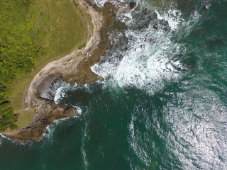 Aerial view of waves crashing on the coast at Saint Lucia island, Caribbean Sea