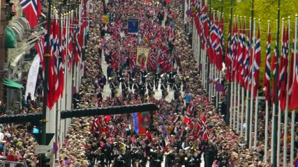 Norway National Day. Beautiful Procession. Traditional Dress. Happy And Joyful Norwegians Celebrating The Seventeenth of May In Oslo. Constitution Day. Independence Day.