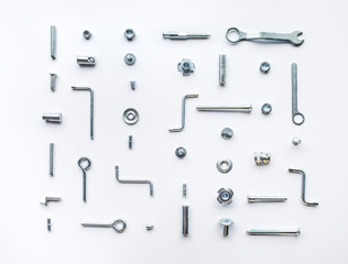 Collection set of house repair tools, wrenchs, screw, bolts on white background,flat lay pattern