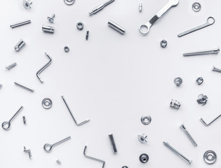 Collection set of house repair tools, wrenchs, screw, bolts on white background,flat lay pattern