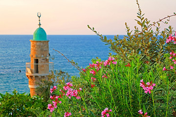 Al-Bahr Mosque or Sea Mosque in Old City of Jaffa, Tel-Aviv, Israel in the evening. It is the oldest extant mosque in Jaffa, Israel