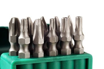 closeup of bit set in a holder isolated on white background