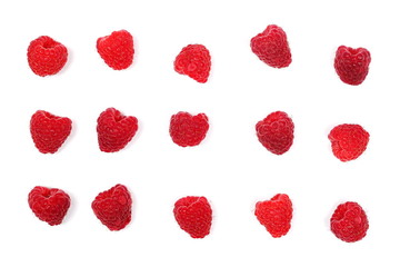 Set raspberries isolated on white background and texture, top view
