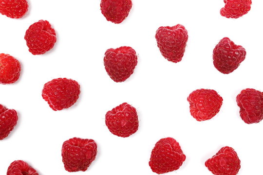 Set raspberries isolated on white background and texture, top view
