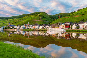 Village of Zell along the Mosel River in Germany at sunset