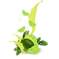 Cocktail realistic milkshake juice. 3d lime, lemon fruit with falling slices and splashing juice. Yogurt milky packaging design elements. Juicy advertising citrus. Vector