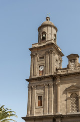 Fototapeta premium Close-up of the belfry of the Cathedral of Santa Ana, in Las Palmas de Gran Canaria, Canary Islands, Spain. It is considered the most important monument of Canarian religious architecture