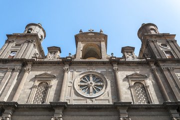 Close-up of the front of the Cathedral of Santa Ana, in Las Palmas de Gran Canaria, Canary Islands, Spain. It is considered the most important monument of Canarian religious architecture