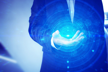 business man and hand with global network hologram