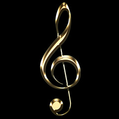 golden treble clef sign on black background - key sol - music symbol illustration - obrazy, fototapety, plakaty