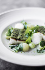 roast fish fillet with herb crust in lemon cream sauce