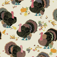 Turkey, Thanksgiving, seamless pattern. Hand drawn vector illustration of turkey, pumpkin, corn, grapes, mushrooms, autumnal leaves.
