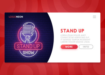 Colorful Landing Page. Mock up website. Home Page. Web banner templates. Social media, mobile app. Theme Stand Up . Neon sign style. Open Mic. Vector illustration