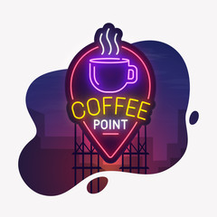 Sticker cut isolated. Night city. Sign neon. Coffee Point. Bright billboard. Cafe and Cafeteria banner, logo, emblem and label. Bright signboard, light banner.  Vector illustration.