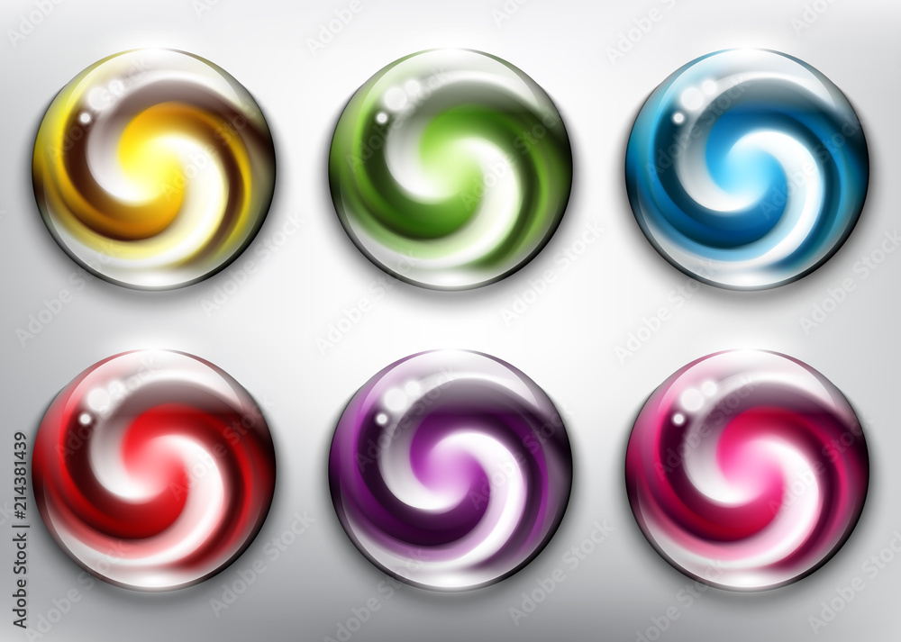Wall mural abstract vector glossy web buttons set of 6. colorful web buttons with swirl design. isolated on the