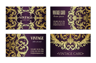 French baroque style elegant ornate visiting cards. Luxurious fashionable gold ornamental flyer design. Vintage fancy ornament decoration. Pathetic retro embellishment. EPS 10 vector brochure template